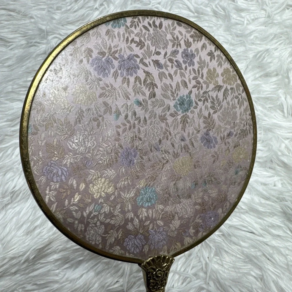 Antique Art Nouveau Handheld Vanity Mirror w/ Floral Brass‎ Design Mid Century
